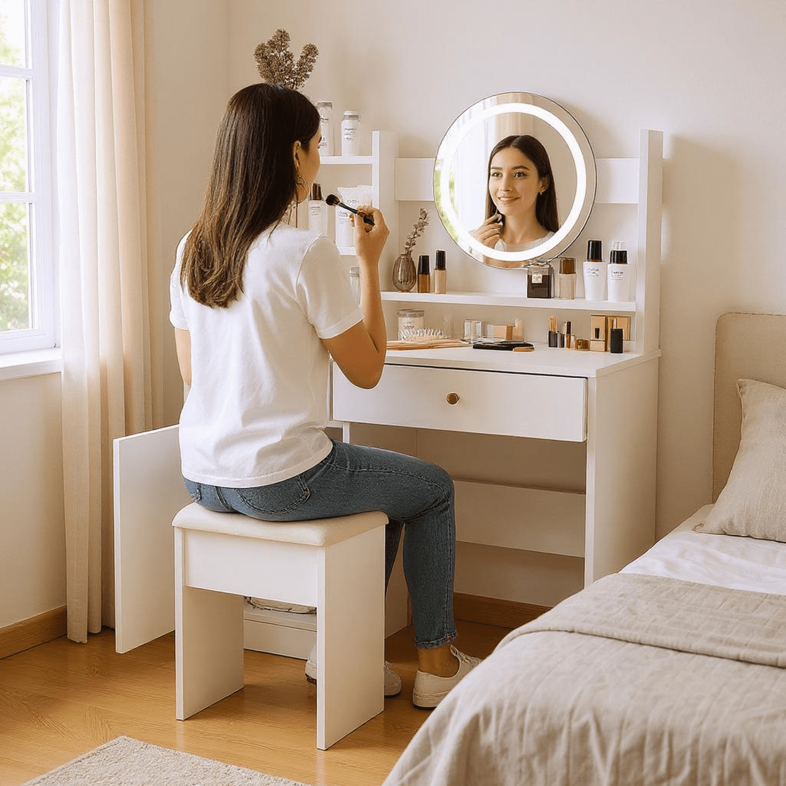 Homy Casa Modern White Vanity Desk with LED Mirror, Makeup Vanity Table with Drawers and Stool for Bedroom