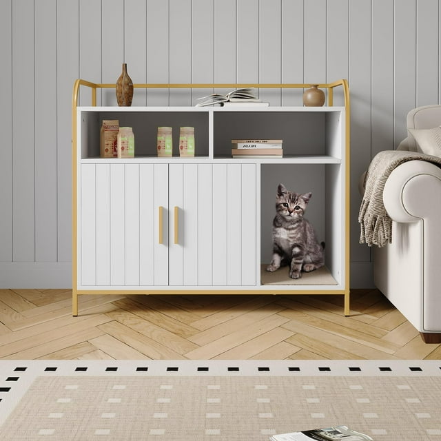 GloryStar Hidden Cat Litter Box Enclosure, Double Door Pet House Washroom with Two Storage Compartments, Scratching Mat, and Robust Metal Frame Entry