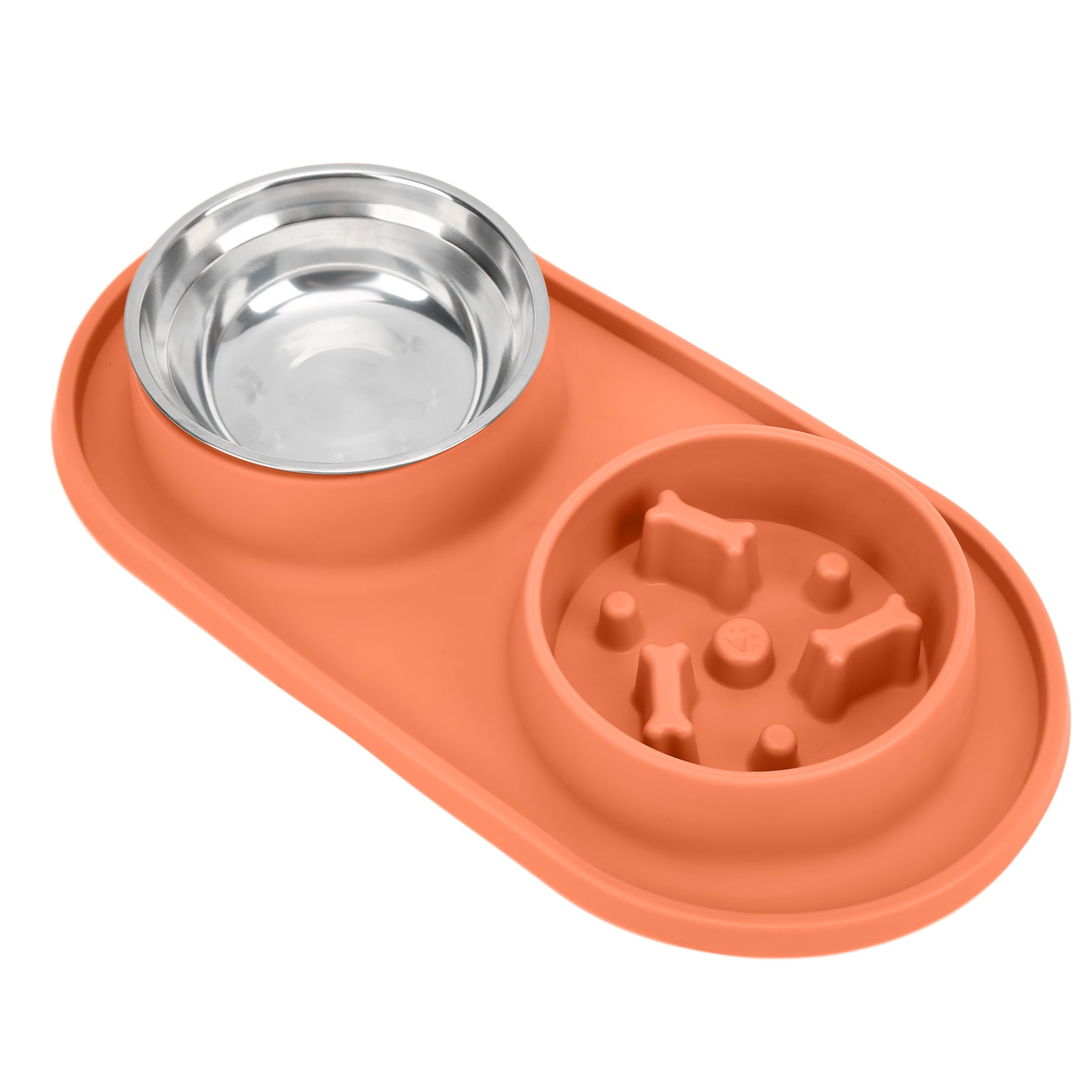 BOKYAN Anti-Skid Double Pet Bowls Silicone Slow Feeder Set with Removable Stainless Steel Water Bowl for Dogs and Cats Orange