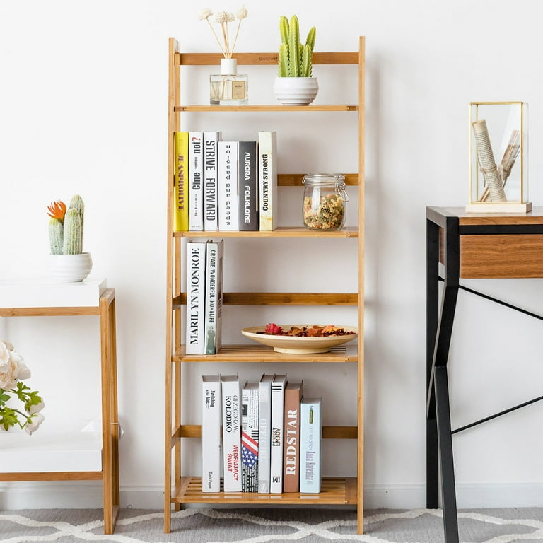 Bamboo Wood 4-Shelf Bookcase Plant Stand Shelving Unit - Pictured