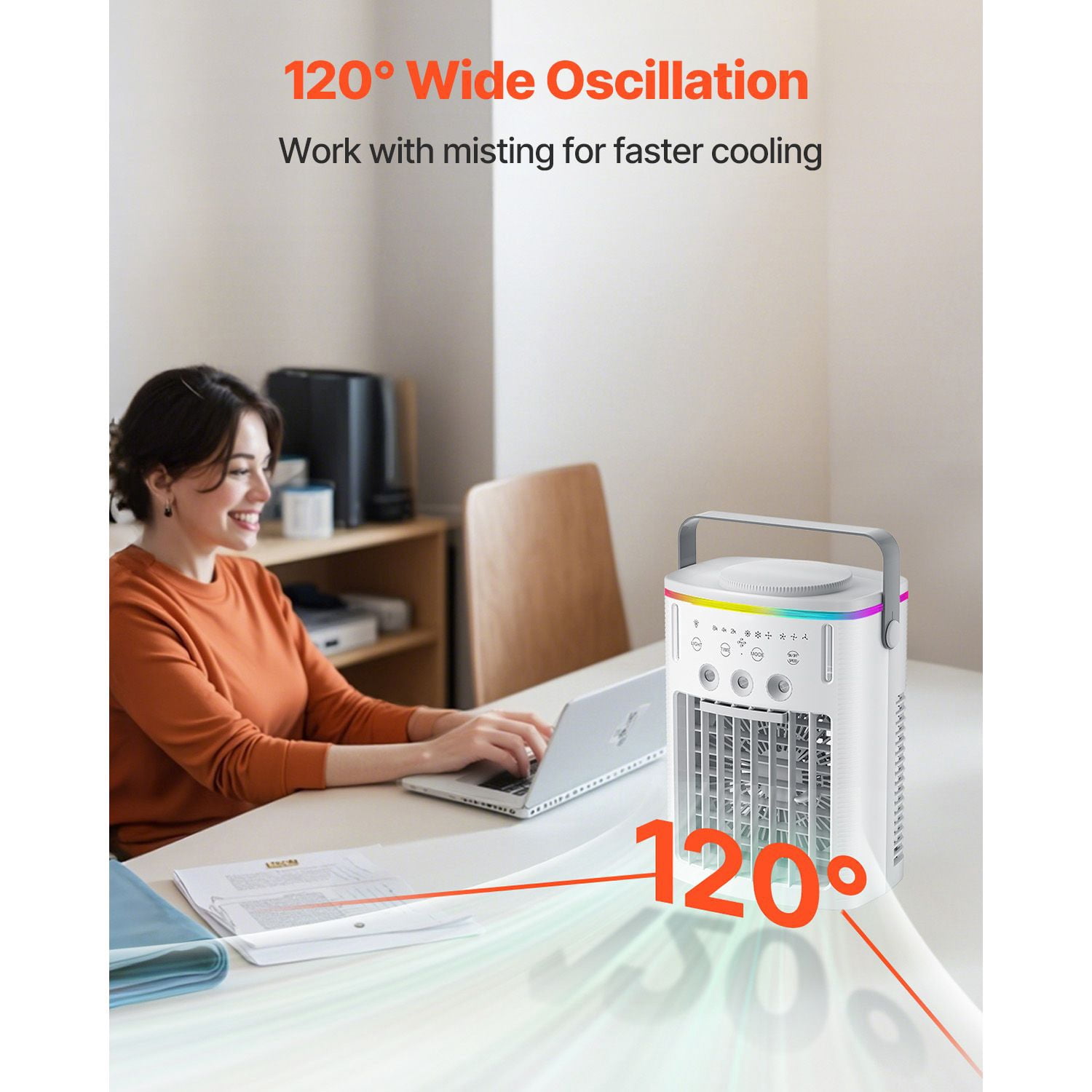 Portable Air Cooler 4-in-1 Fan/Humidifier/Air Cooler/7-Color Night Light 3 Speeds 3 Mist Levels 1000ml Tank Timer for Home Office Camping