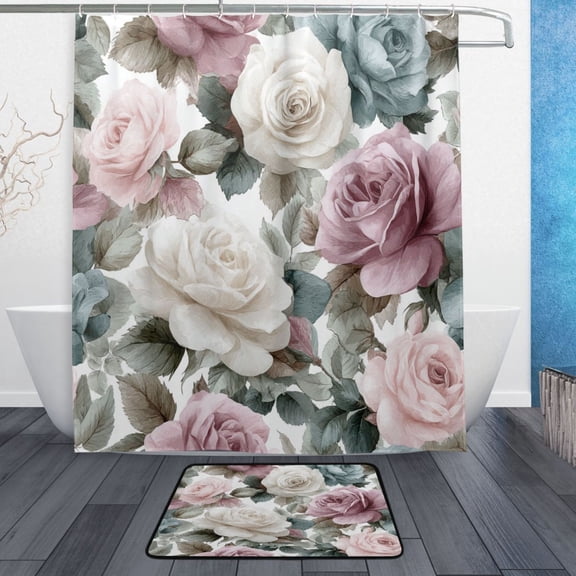TTYFWHD 60" x 72" Shower Curtain and Bath Mat Set Roses on A Gray Background Waterproof Bathroom Curtain with 12 Hooks, Bathroom Decor Set