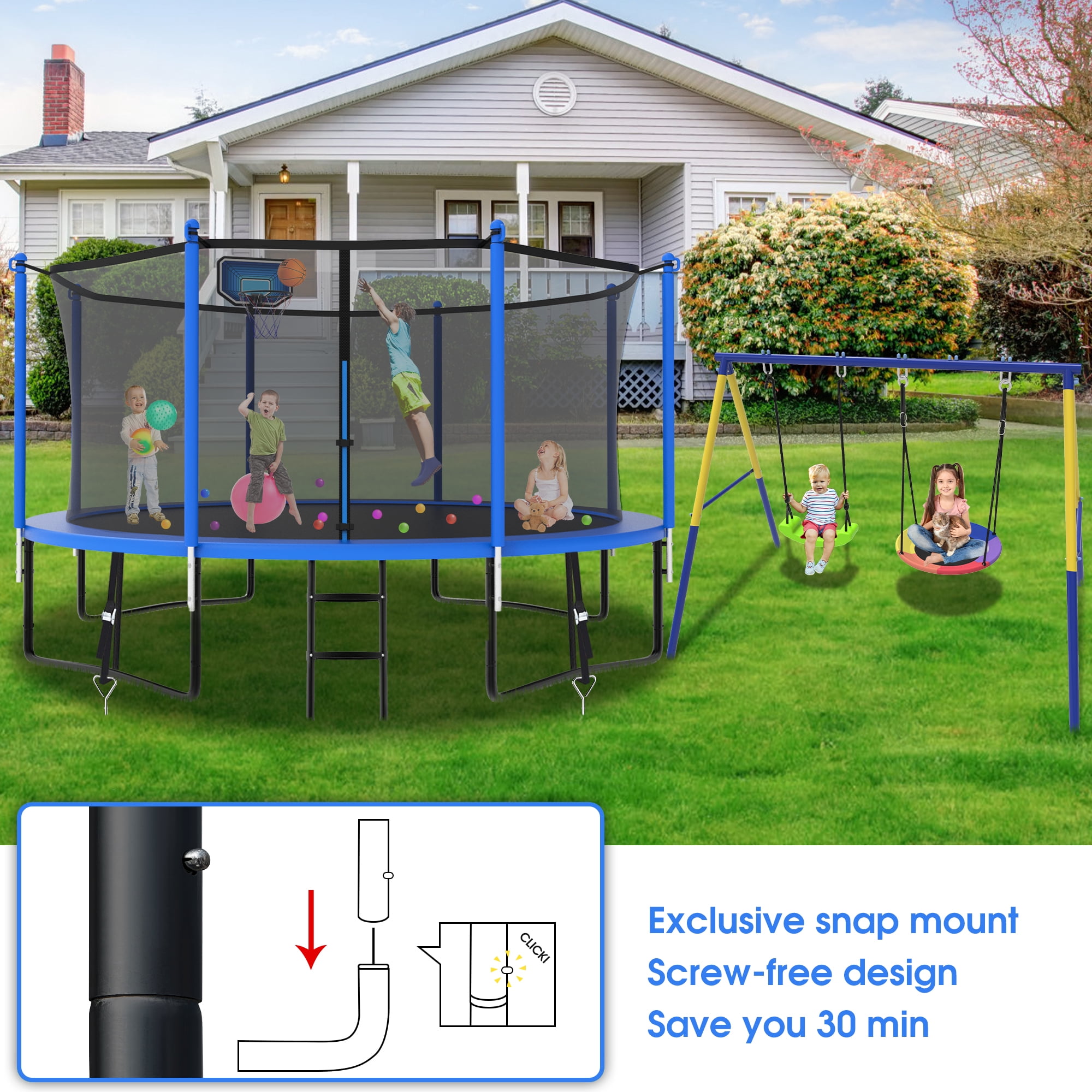 YORIN Trampoline, 1200LBS 12FT Trampoline for 4-5 Adults/ Kids, with Enclosure Net, Metal Swing, Basketball Hoop, Ladder, Galvanized Outdoor Anti-Rust Heavy Duty Round Recreational Trampoline
