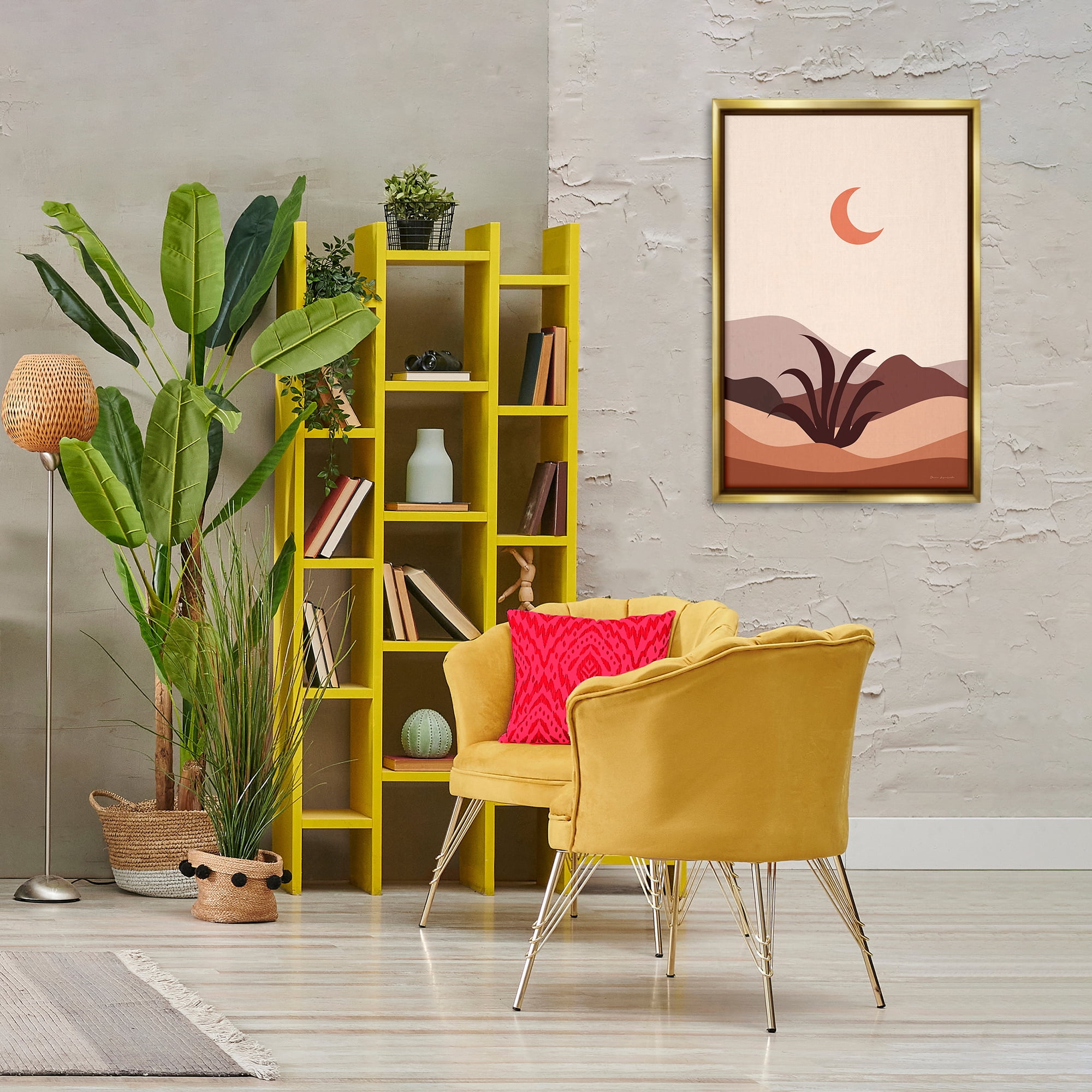 Stupell Industries Moon Over Desert Scene Landscape & Nature Painting Gold Floater Framed Canvas Art Print Wall Art, 21 x 31