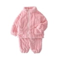 thumbnail image 3 of GobdXE Kids Textured Outfit Zip Up Stand Collar Jacket & Cuffed Pants Toddler Warm Loungewear Set 12-18 Months,Pink, 3 of 4