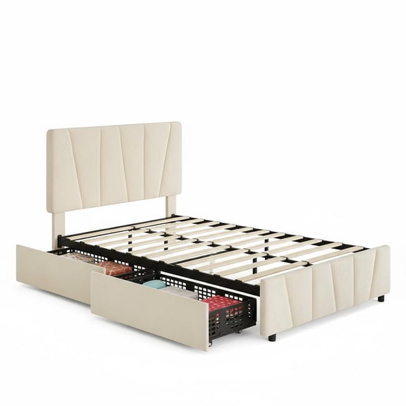 Twin Upholstered Platform Bed Frame with Adjustable Headboard and Storage Drawers – Wooden Slats, No Box Spring Needed – Dark Grey or Beige
