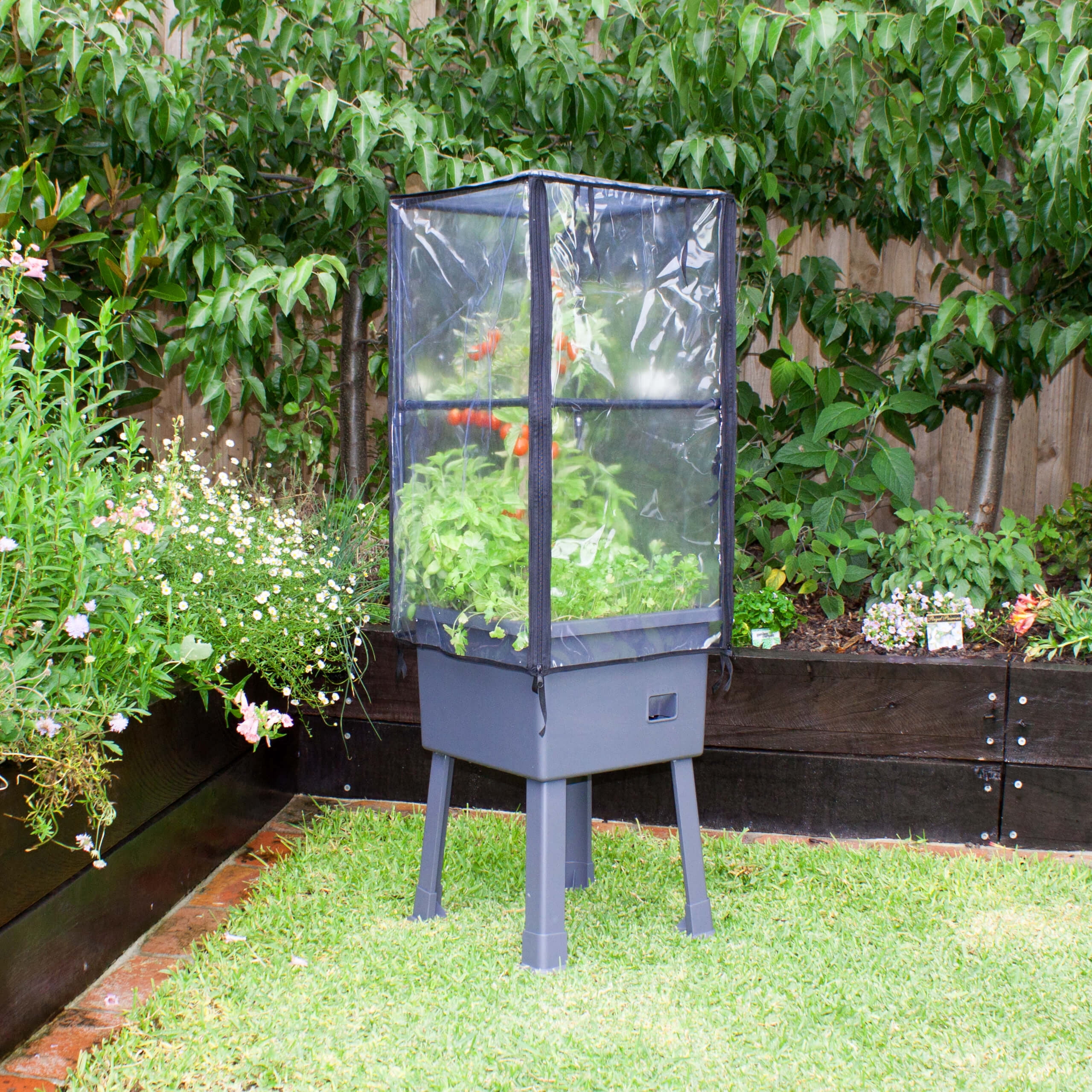 Frame It All Patio Ideas - 15.75" x 15.75" x 63" Self-Watering Elevated Planter with Trellis Frame and Greenhouse Cover
