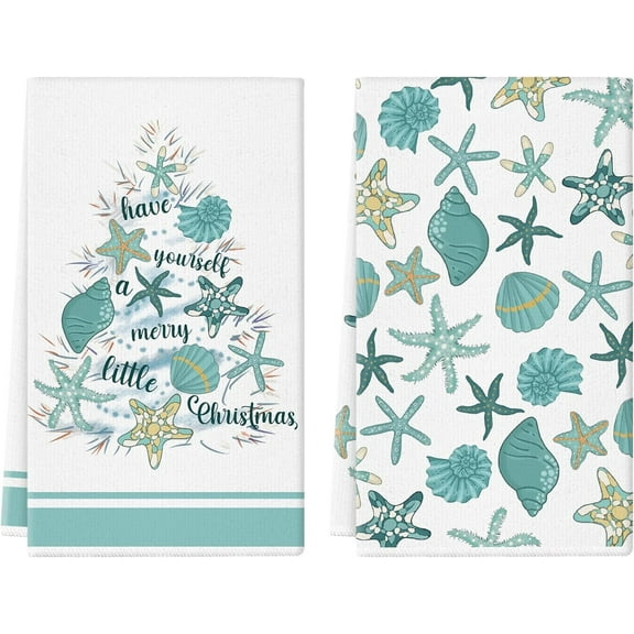 Coastal Christmas Kitchen Towels Beachy Christmas Decor 16 x 24 Inch Set of 2 Dish Towels Hand Towels for Winter Holiday Home Indoor Bathroom Party Dining Decoration