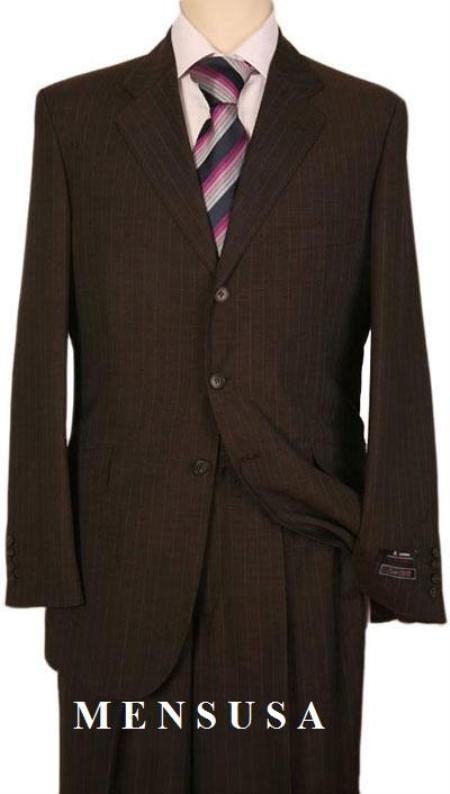 Men's Three Buttons Style Suit Dark Brown Pinstripe Two ~ 2 Buttons Stripe Flat Front Pants Regular Fit Side Vented Super 100'S Wool Feel Poly~Rayon - image 1 of 1