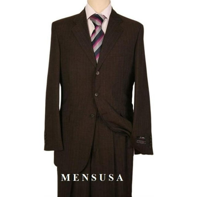 Men's Three Buttons Style Suit Dark Brown Pinstripe Two ~ 2 Buttons Stripe Flat Front Pants Regular Fit Side Vented Super 100'S Wool Feel Poly~Rayon