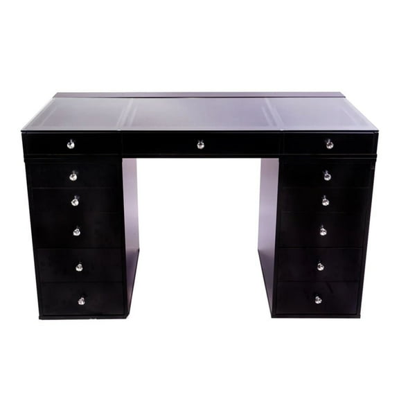 Impressions Vanity Makeup Desk with Drawers, SlayStation 2.0 Clear Glass Top Vanity Desk for Display Makeup Accessories, Dual 5 Storage Drawer Unit Dressing Table for Bedroom Decor (Black)