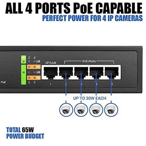 - 65W BV-Tech 5 Port 100Mbps PoE Switch 4 PoE + 1 Ethernet Uplink 802.3af