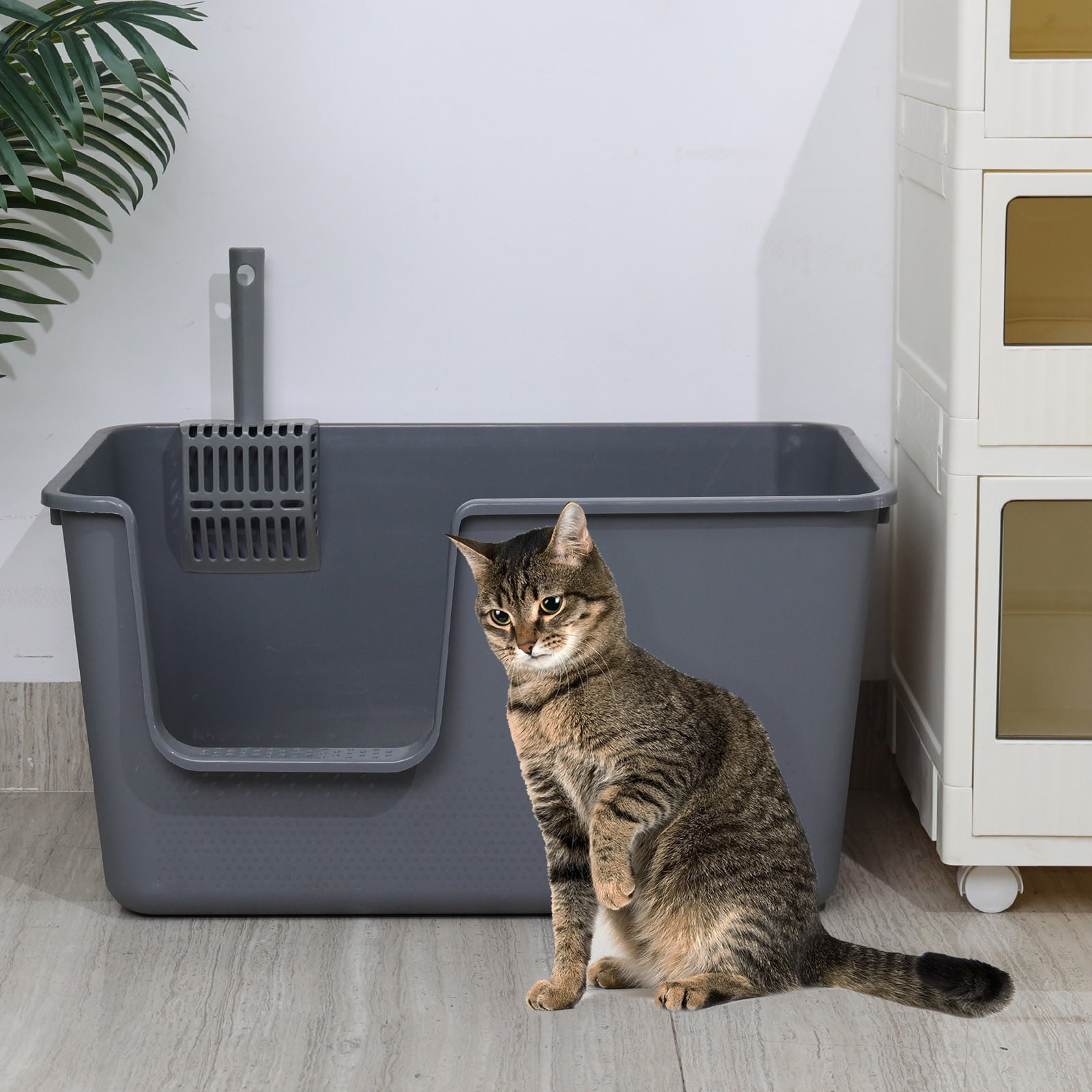 Ionoloy 2 Pack High Side Plastic Cat Litter Basin, Extra Large Litter Box with Scoop, Grey