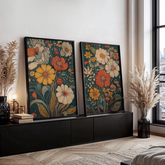 Luvia Midcentury Modern Boho Flowers Boho Abstract Flowers Set Of 2 Mcm Decorative Artful Boho Floral Art 241090- 2, Modern Wall Decor Set 2 Prints 8x12 UNFRAMED