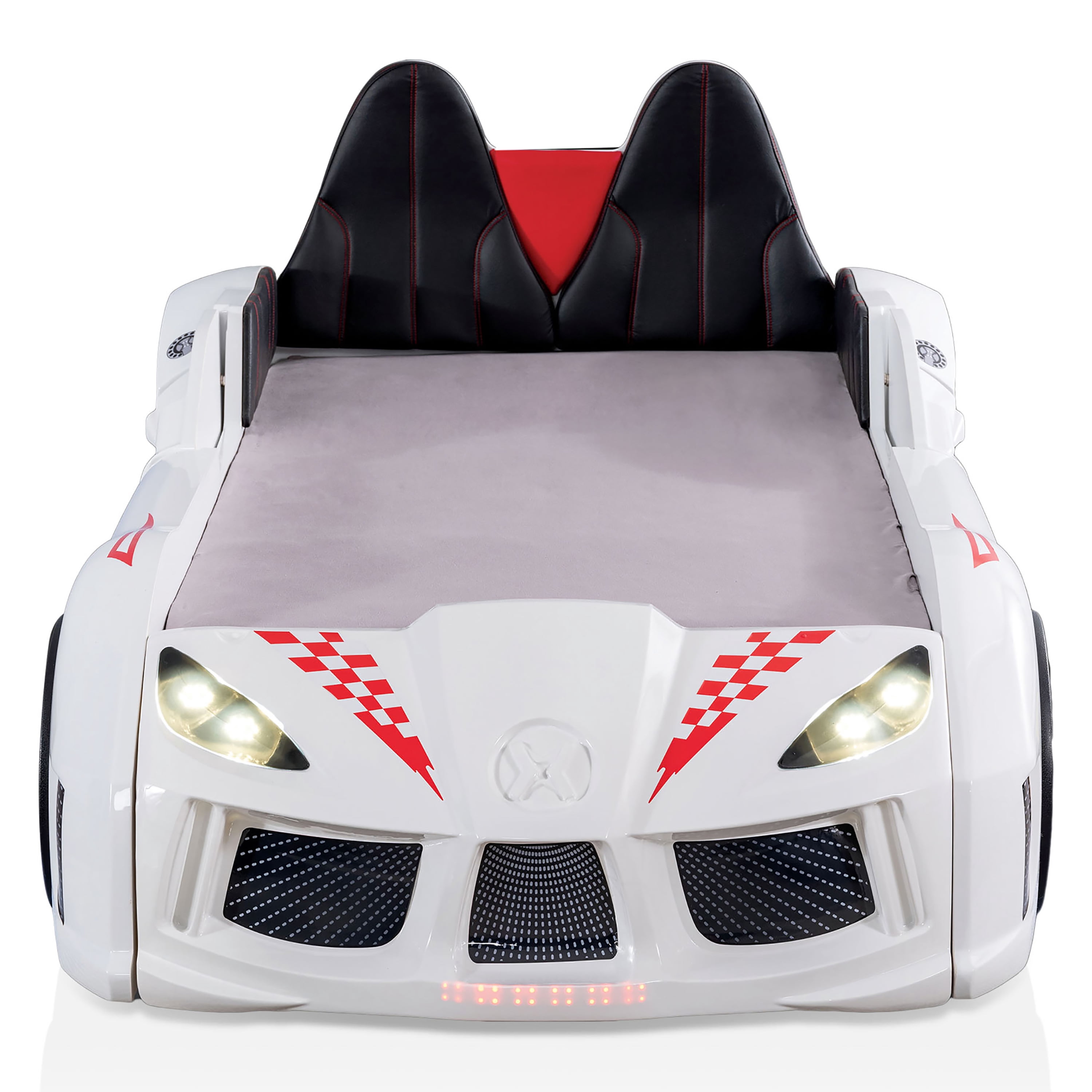 Furniture of America Dash Kids Plastic Twin Race Car Bed with LED and Sound, White