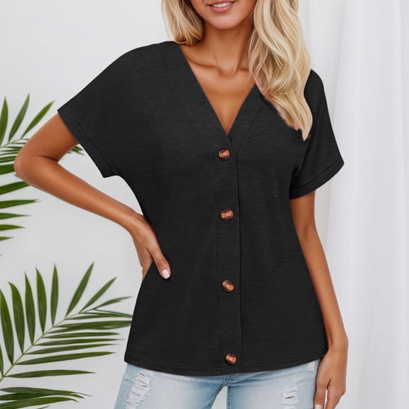 Shirts for Women Summer 2026 Casual Basic Tees Loose Solid Color V-Neck Short Sleeve Y2K Spring Button Up Tops
