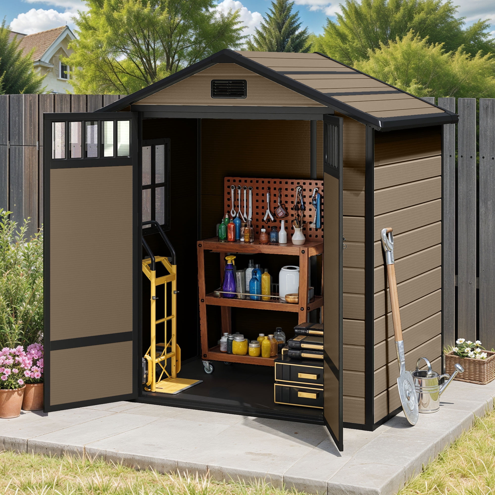 Uforic 6x4.4 FT Outdoor Storage Shed with Floor and Window, Large Storage Shed with Lockable Door, and Vents, Brown