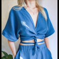 thumbnail image 4 of Blusas de Corta con Cuello en V para Mujer, Estilo Babydoll, con Lazo Frontal, Tops Cortos Informales Azul L, 4 of 10