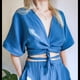thumbnail image 4 of Blusas de Corta con Cuello en V para Mujer, Estilo Babydoll, con Lazo Frontal, Tops Cortos Informales Azul L, 4 of 10