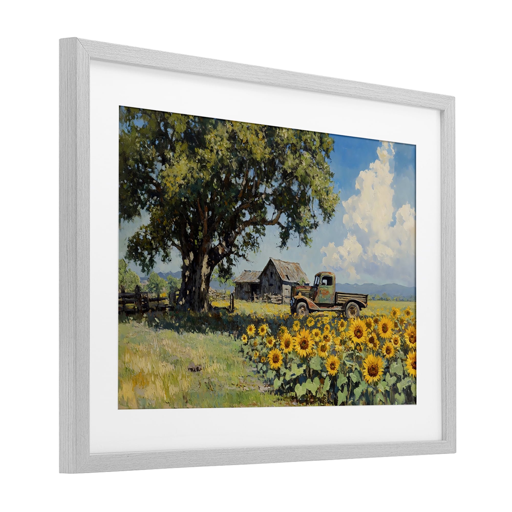 Stupell Industries Sunflower Pickup by Old Barn Gray Framed Print Under Glass, design by Franklyn Gregory