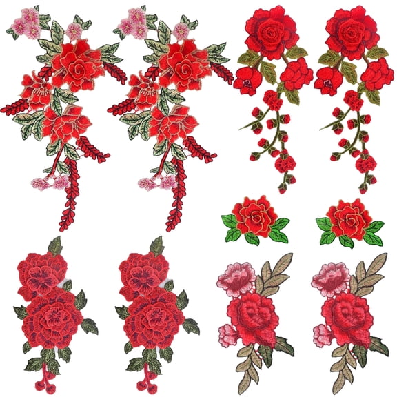 10pcs(5 Pairs) 5 Styles,Red Flower Embroidered Sew On Patches Floral Roseflower Embroidery Garment Appliques Embellishments for DIY Jeans Jackets Clothes Sewing Crafts