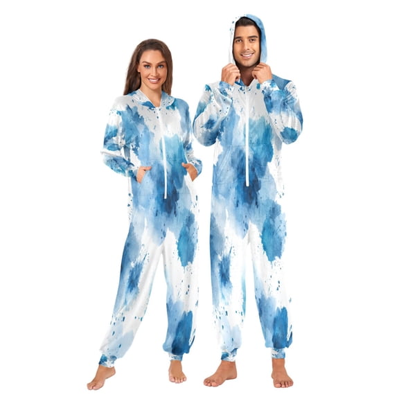 1 Piece Adult Onesie Pajamas Cozy & Loose-Fit Sleepsuit Loungewear with Pockets Blue Ink Pattern X-Small