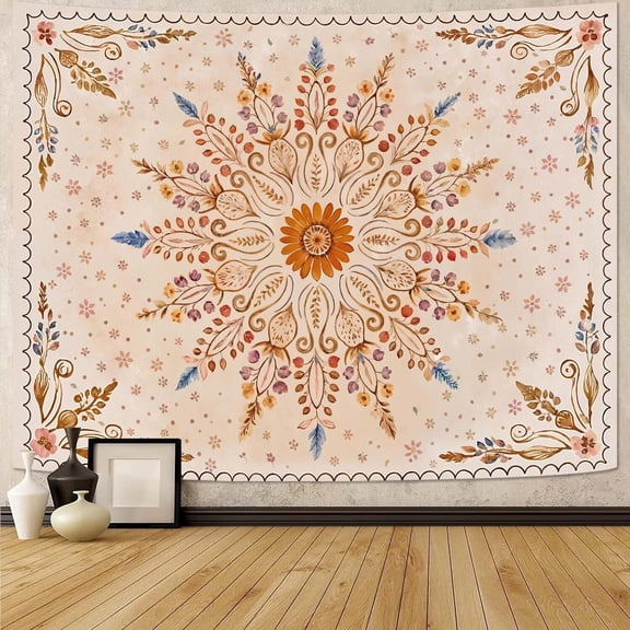 Boho Floral Mandala Tapestry for Bedroom Aesthetic Watercolor Bohemian Flower Wall Tapestry Brown Beige Hippie Indian Small Tapestries Wall Hanging for Living Room Dorm Decor 40 x 30 Inch