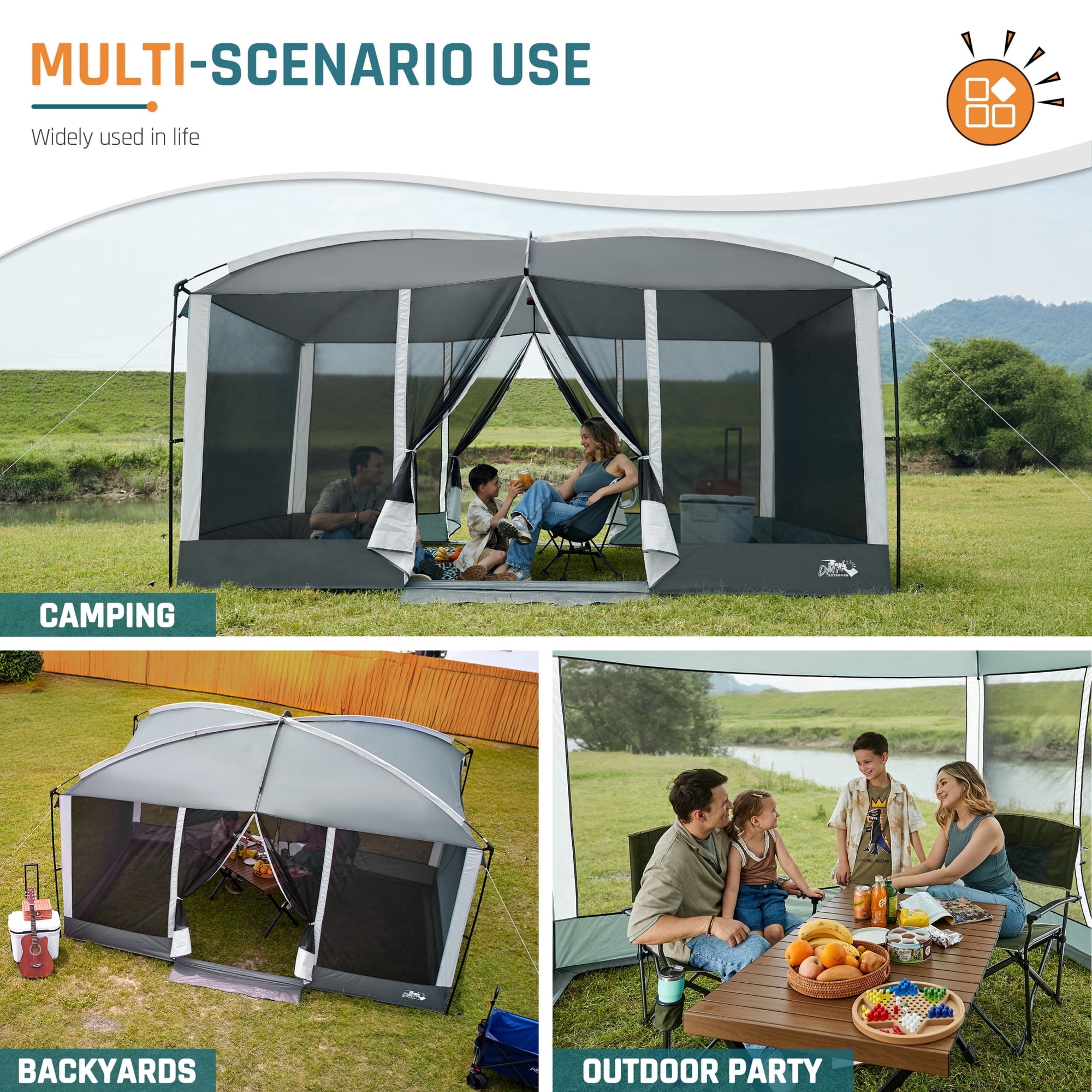 13' x 9' Screen House Tent with Projection Mesh Gazebos Camping Tent for Outdoor Patios Backyards Gray