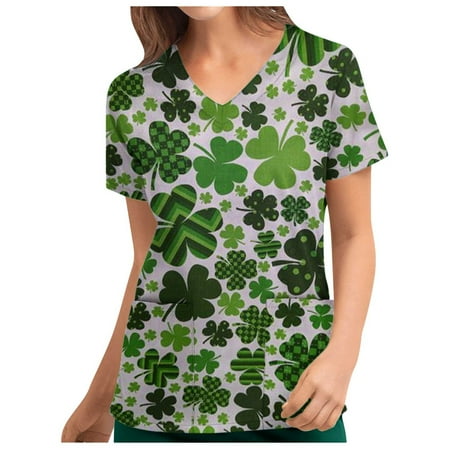 

St Patricks Day Scrub Tops for Women Short Sleeve Working Uniform Shamrock Graphic Tees V Neck Cute Scrub Shirt