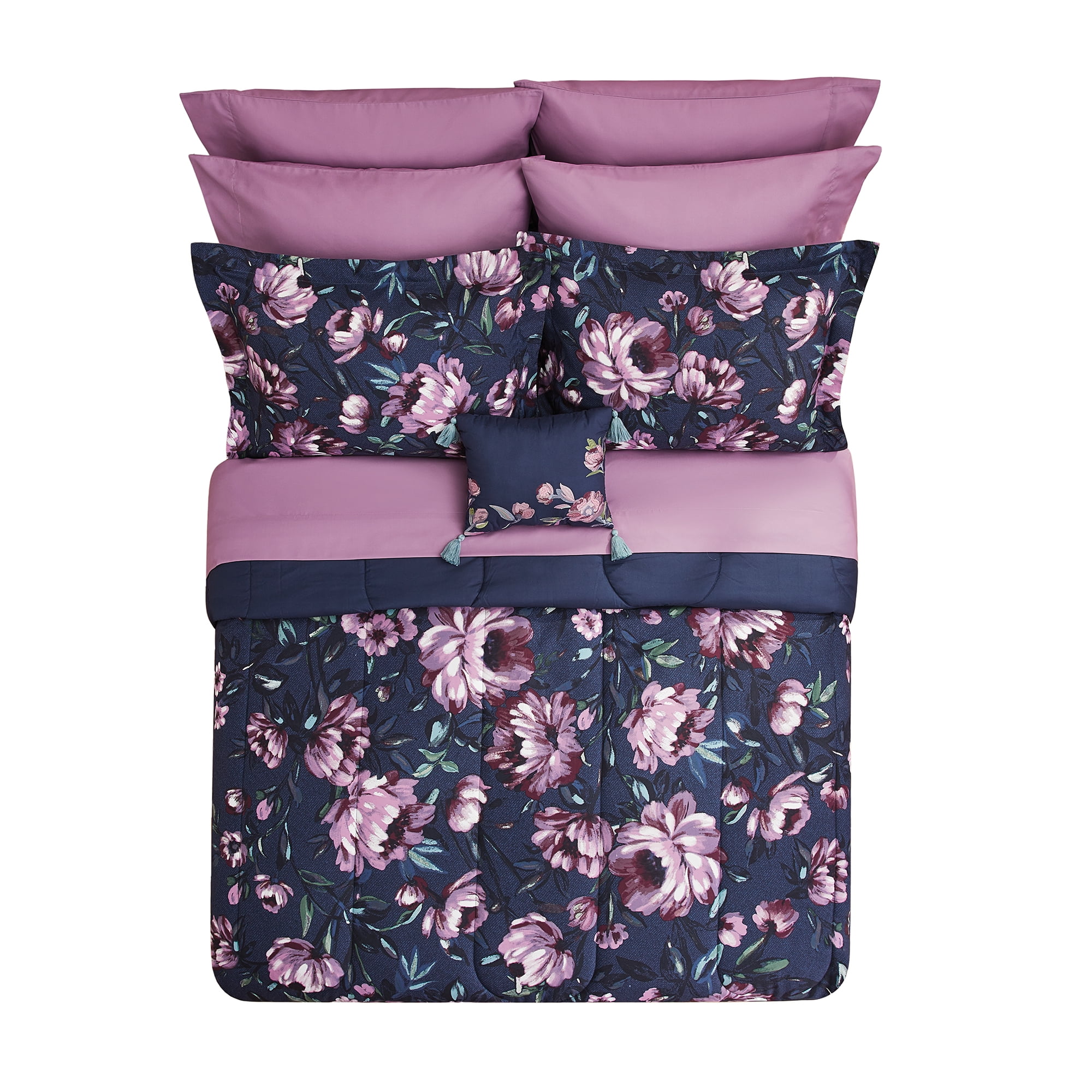 Mainstays 10 Piece Navy Floral Bed in a Bag Comforter Set with Sheets, King  (图3) Mainstays 10 Piece Navy Floral Bed in a Bag Comforter Set with Sheets, King  (图3)