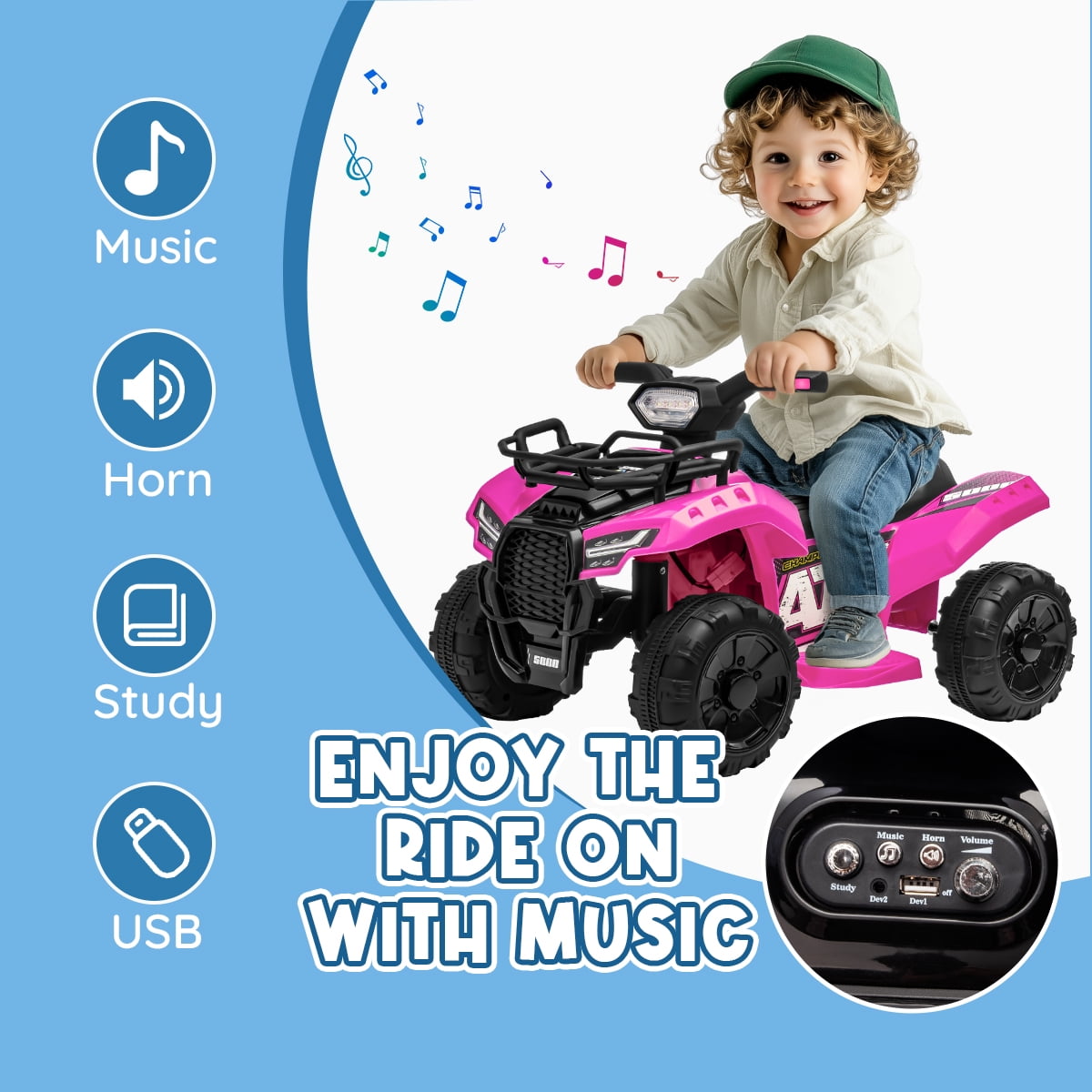Kids 4-Wheeler Quad ATV, 6V Battery Powered Toddler Ride on Toys with Music & Lights, 1.2MPH Max Speed, for Ages 18-36 Months, Pink