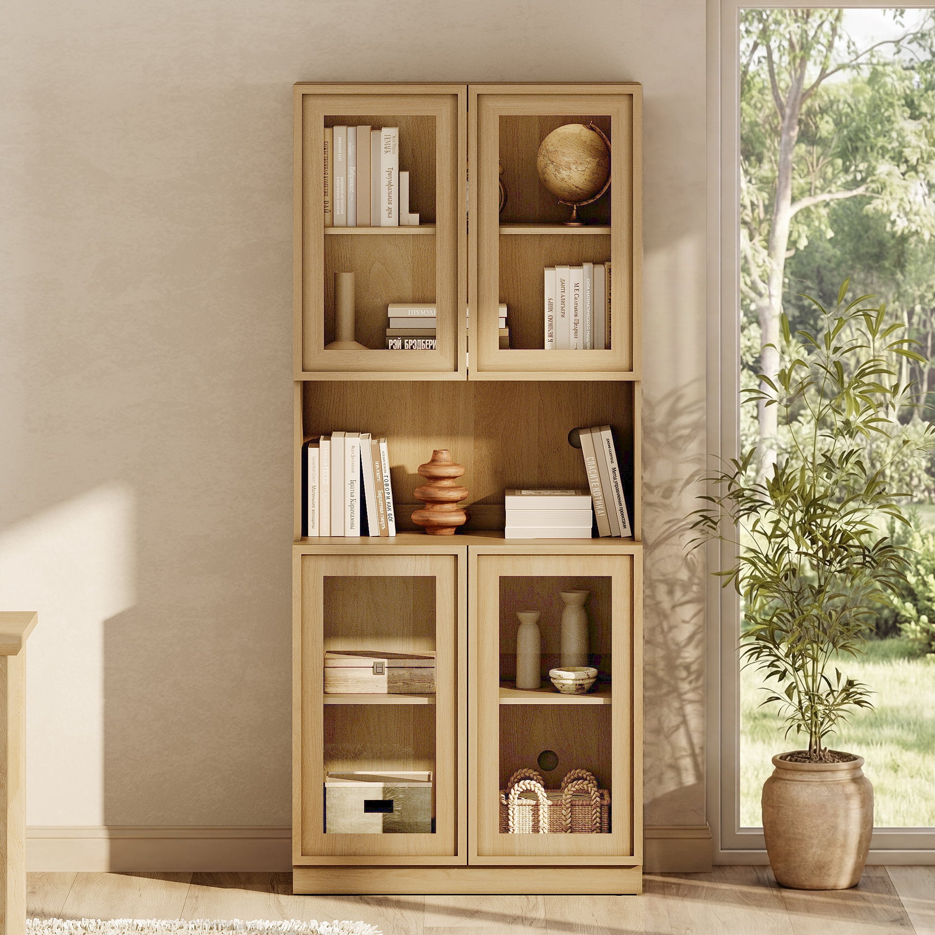 Modern 72" Tall Bookshelf with Glass Doors & Adjustable Shelves, Library Bookcase with Cabinet and Glass Display Shelves,Oak