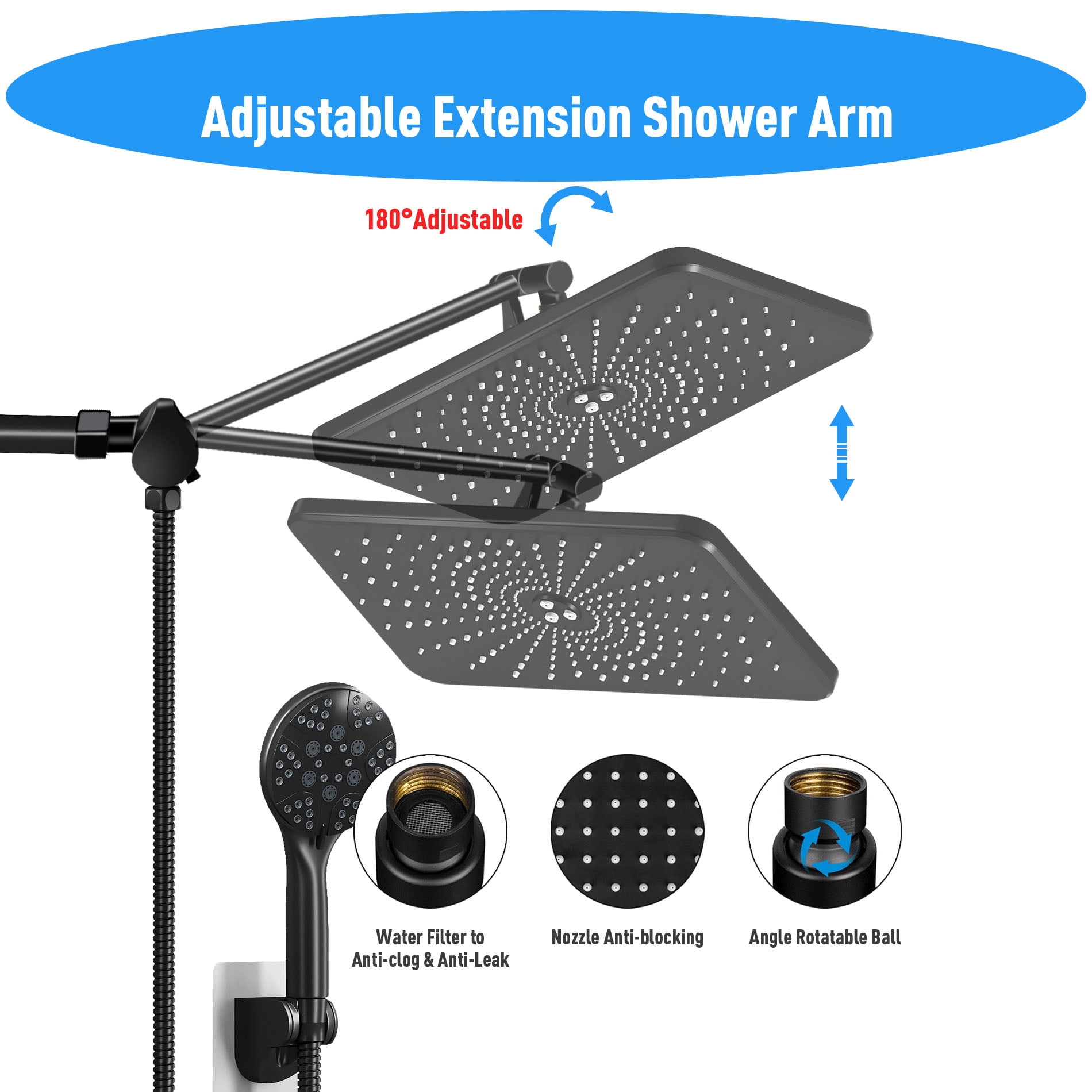 5-Setting High Pressure Shower Head 12 inch Rain Shower Head with Handheld and Hose Black