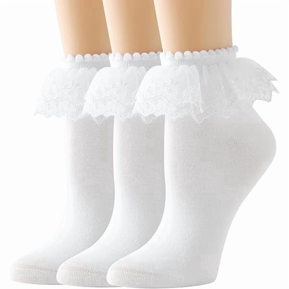 Eryueer Lace Ruffle Frilly Ankle Socks for Women - Cotton Double Layer Lace Socks