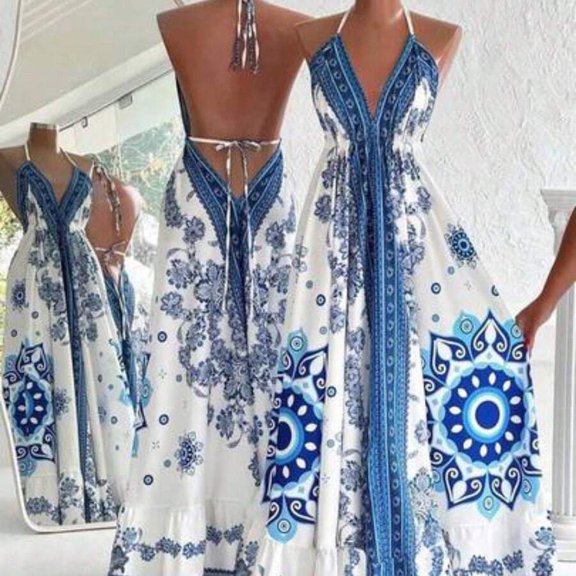 Blue & White Boho Maxi Dress With Spaghetti Straps, V-Neck, Backless Tie Detail And Ruffle Hem