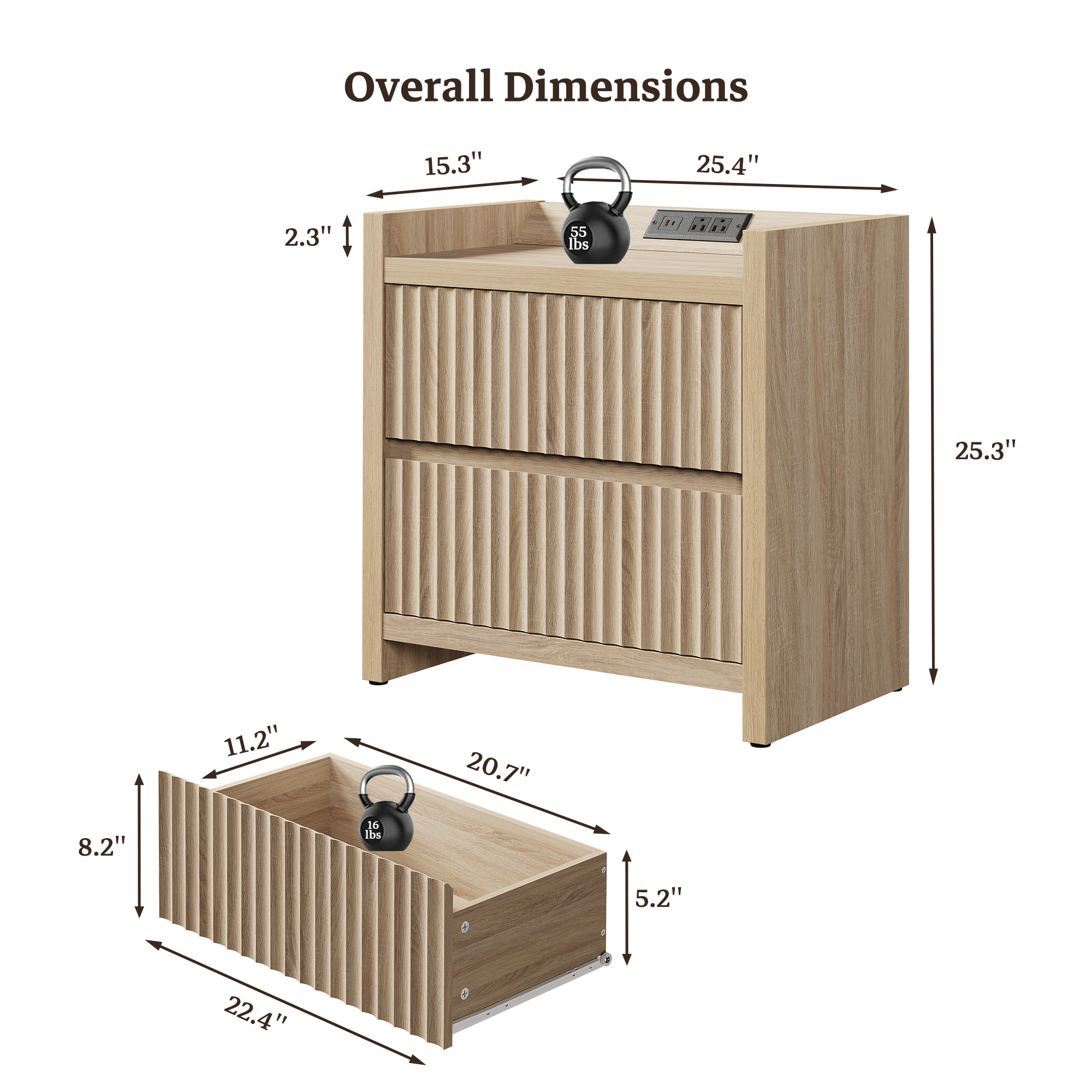 SICOTAS 25.4" Wide Farmhouse Nightstand Set of 2 with 2 Drawer, Modern Beside Table with Minimalist Fluted Design & Handle-Less Storage Bed Side Table with Charging Station for Bedroom, Light Oak