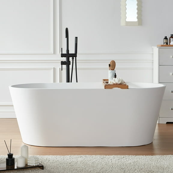 Cpingao 63" Stone Resin Freestanding Bathtub, Modern Oval Solid Surface Soaking Stand Alone Tub, Drain & Overflow Included Matte White 8816-1600