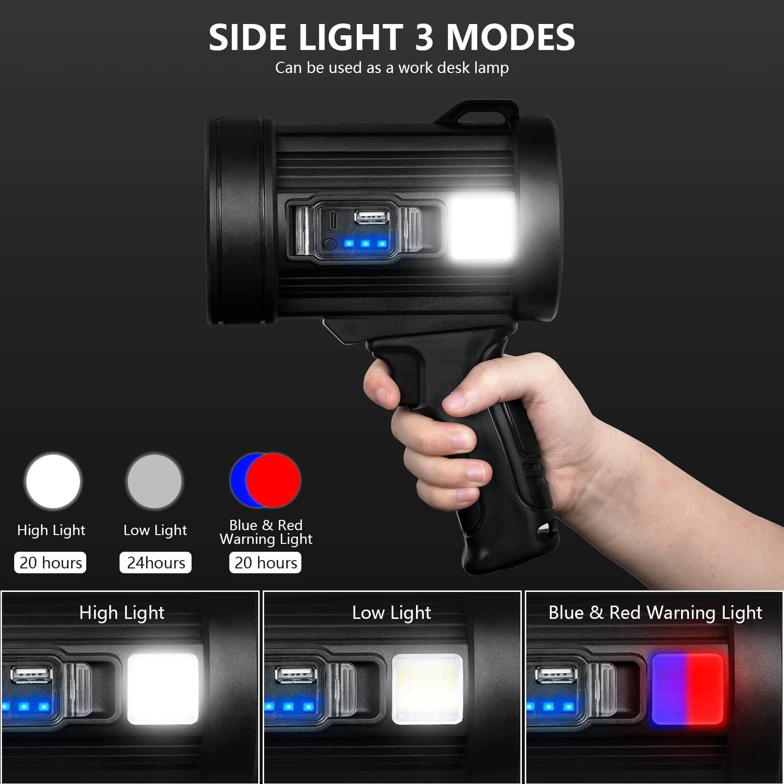 Rechargeable Spotlight, 150000 Lumens Handheld Hunting Flashlight Led Spot Light with Cob Light and Solar Panels, Lightweight and Super Bright Spotlight for Hunting Boating Camping