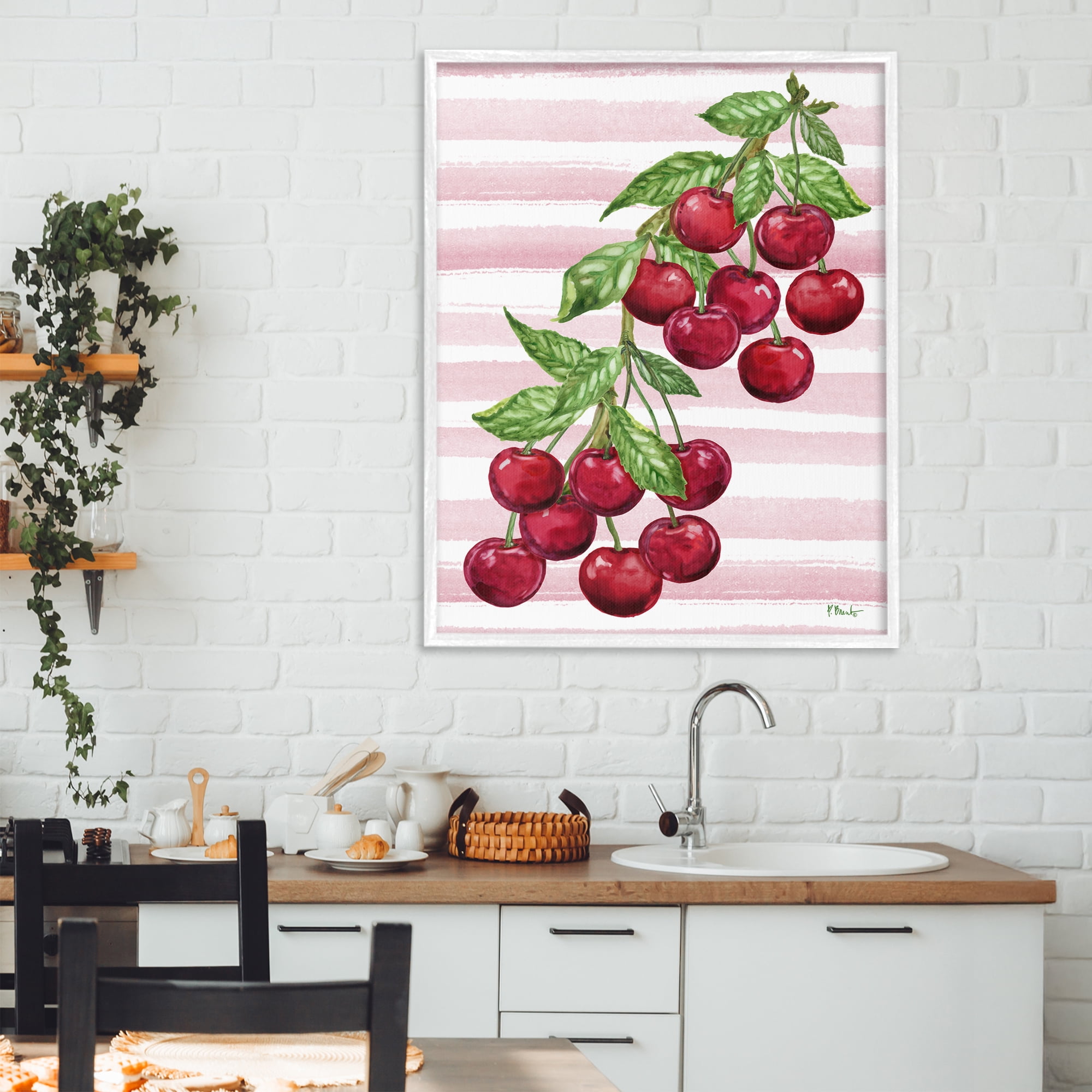 Stupell Industries Juicy Cherry Vine on Stripes White Framed Giclee Art, design by Paul Brent