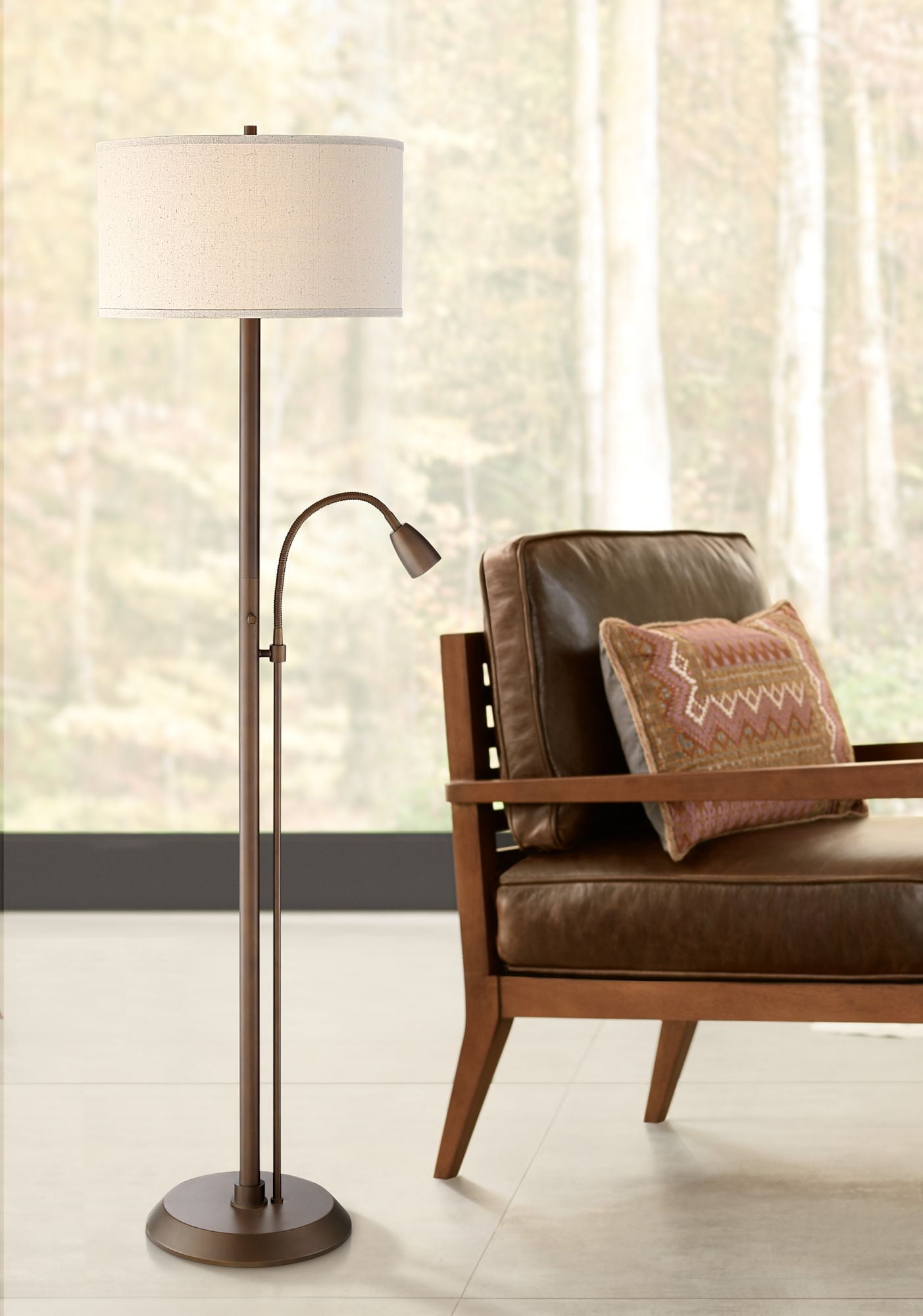 Possini Euro Design Modern Floor Lamp With Reading Light Led Oil Rubbed Bronze Oatmeal Fabric Drum Shade For Living Room Bedroom