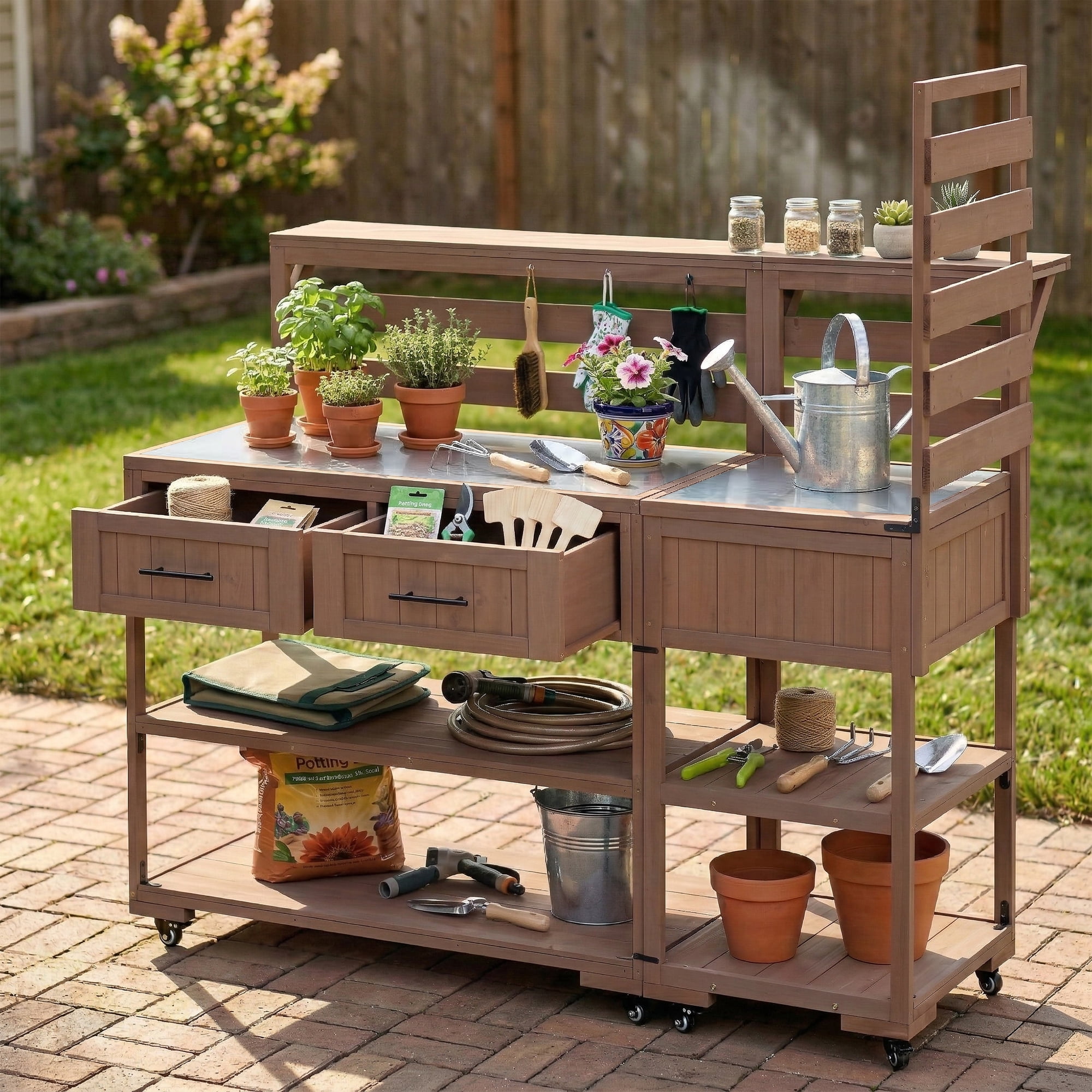 BBQ Dining Kitchen Island, 62.3 Inch Solid Wood Outdoor Cart with Stainless Top for Party, Brown