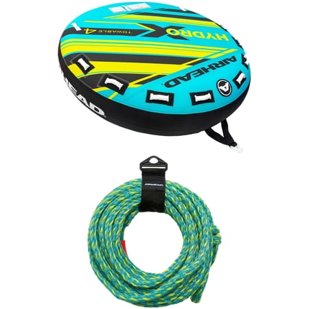 Airhead Hydro-X 4 Person Towable Tube and Airhead 60 ft UV Resistant 4-Rider Tow Rope for Towable Tubes Green