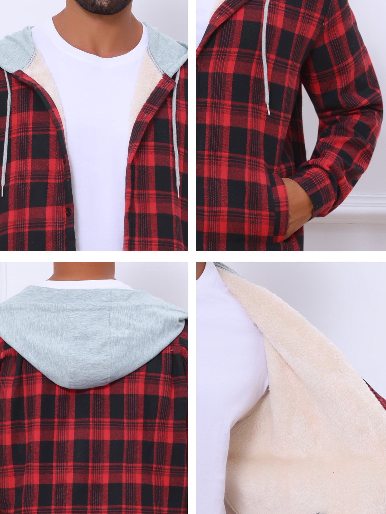 DARING DIVA Men's Fleece Lining Drawstring Hooded Plaid Shirt Jacket L Black Red