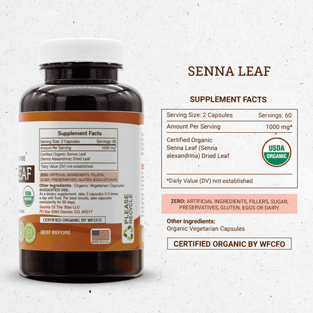 Secrets Of The Tribe Senna Leaf Organic Capsules Dietary Supplement, Natural Herbal Capsules for Digestive Support, Certified Organic Senna Leaf (Senna Alexandrina) Dried Leaf, 120 Capsules