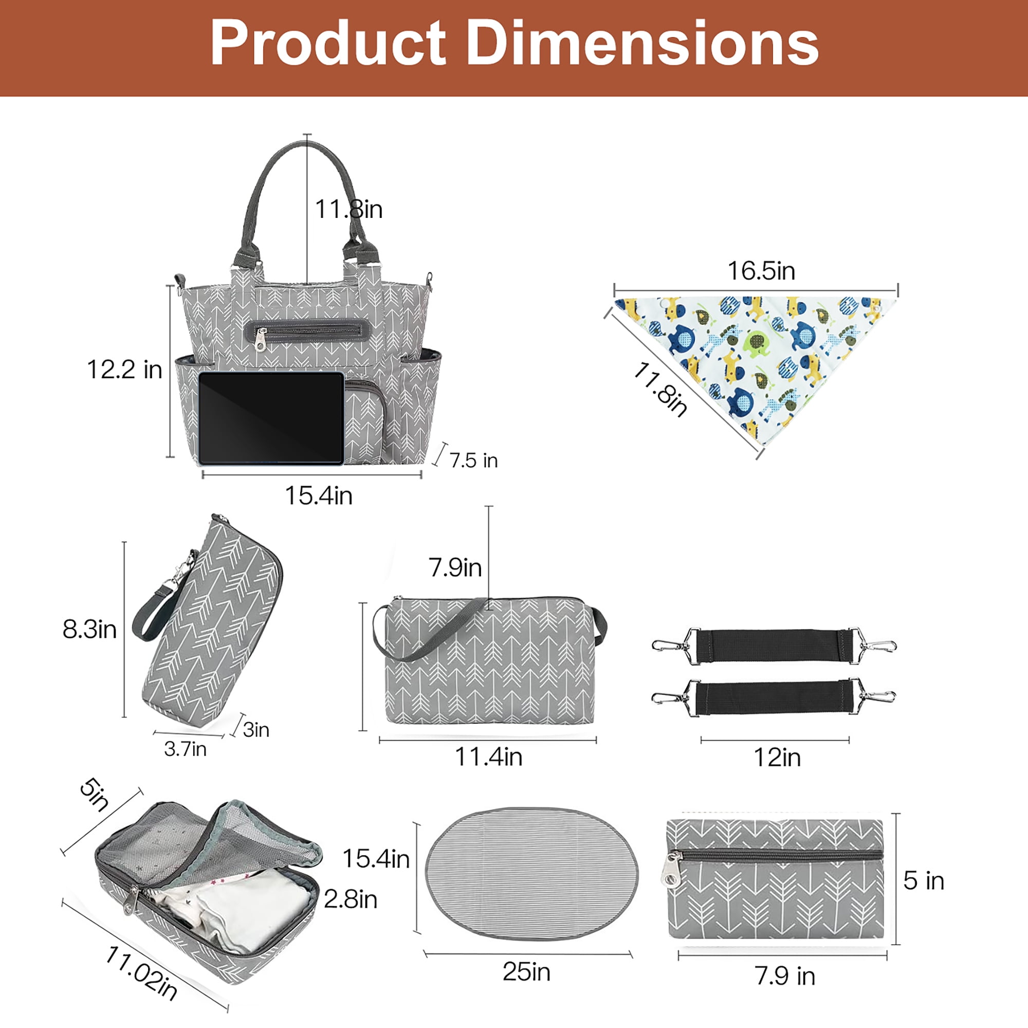 iMounTEK 8PCS Diaper Bag Tote Set, Baby Bags for Mom, Dark Grey