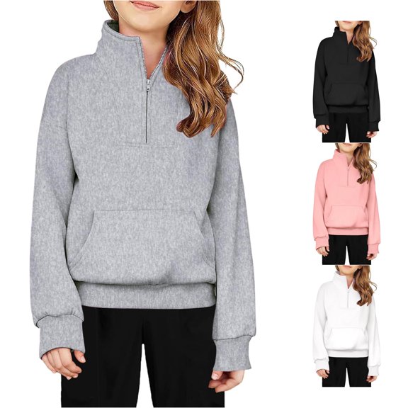 GobdXE Solid Kids Girls Quarter Zip Stand Collar Pullover Sweatshirt Long Sleeve Front Pocket Casual Loose Top for Fall Daily Outfit Grey,7-8 Years