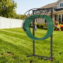 IHOMEPARK Garden Hose Holde,  Water Hose Holder with Storage Basket, Heavy Duty Metal Hose Hanger Holds 160 Feet Hoses Stable Freestanding Hose Storage Rack for Outside Yard
