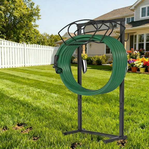 IHOMEPARK Garden Hose Holde,  Water Hose Holder with Storage Basket, Heavy Duty Metal Hose Hanger Holds 160 Feet Hoses Stable Freestanding Hose Storage Rack for Outside Yard