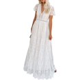thumbnail image 1 of Vestido de novia de encaje floral con cuello en V para mujer, manga corta, vestido largo de fiesta de noche para dama de honor, 1 of 6