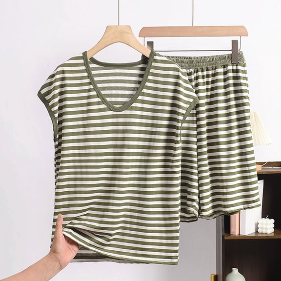 Juslio Womens Pajamas with Pockets Fashion Striped Crewneck Sleeveless and Shorts Homewear 2 Piece Matching Pajamas Sets 2XL
